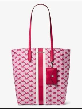 Michael Kors Vincent Large Logo Jacquard Tote W/Card Holder Raspberry